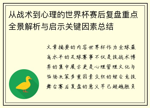 从战术到心理的世界杯赛后复盘重点全景解析与启示关键因素总结