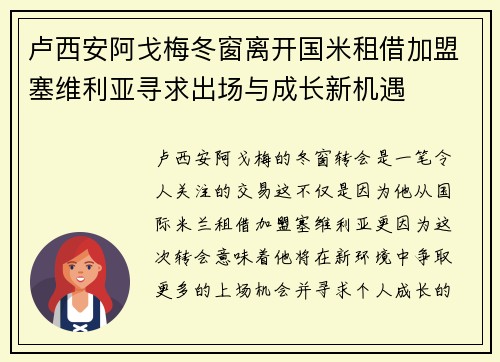 卢西安阿戈梅冬窗离开国米租借加盟塞维利亚寻求出场与成长新机遇