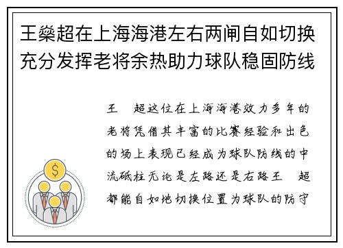 王燊超在上海海港左右两闸自如切换充分发挥老将余热助力球队稳固防线