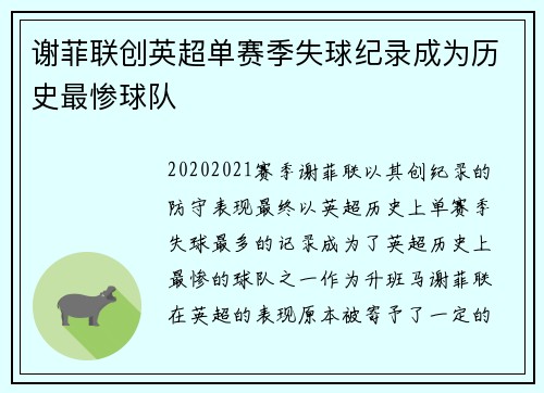 谢菲联创英超单赛季失球纪录成为历史最惨球队